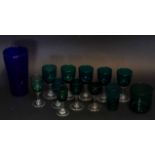 Collection of glass wares, mainly green glass wines and blue glass vase, the vase 19cm (13)