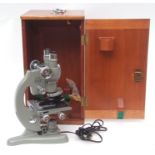 Mid-20th century binocular microscope, Beck - London, "Model 48", the grey finished body with Y
