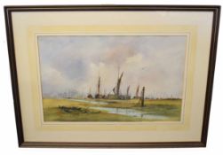 Walter Cullen, signed and dated 92, pen, ink and watercolour, Barges in an estuary, 28 x 44cm