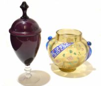 Glass goblet and cover, in a purple colour with further Arts & Crafts style vase with a design in