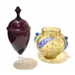 Glass goblet and cover, in a purple colour with further Arts & Crafts style vase with a design in