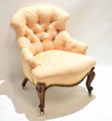 Victorian mahogany framed small nursing chair with puce upholstery and button back with cabriole