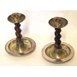 Pair of silver plated mounted and oak twisted stem candlesticks in the Arts & Crafts style, 20cm