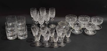 Quantity of cut glass wares including six wine glasses, dessert glasses and tumblers, the tumblers