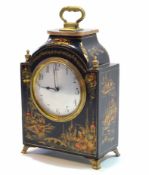 First half of 20th century French black lacquer mantel timepiece, the arched case with cast brass
