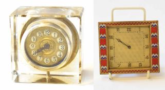 Early 20th century boudoir timepiece, the square clear cut glass case to a gilt and silvered