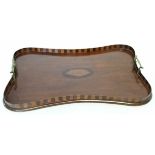 Edwardian mahogany and satinwood inlaid brass twin-handled tray, central shell motif and chequered