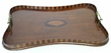 Edwardian mahogany and satinwood inlaid brass twin-handled tray, central shell motif and chequered