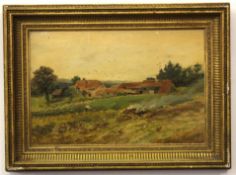 Leopold Rivers, signed oil on board, Landscape with farmstead, 16 x 25cm
