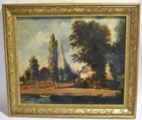 Early 20th century English School oil on panel, Landscape with Figures and Church, 52 x 62cm