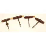 Packet: four assorted turned treen handled and steel T-bar corkscrews, (one lacking cleaning