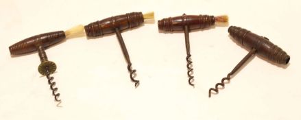 Packet: four assorted turned treen handled and steel T-bar corkscrews, (one lacking cleaning