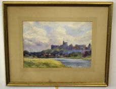 E F, monogrammed and dated 1902, watercolour, River scene with castle, 24 x 34cm