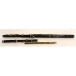 Group: ebonised and nickel mounted vintage flute, 66cm long, vintage rosewood piccolo 31cm long