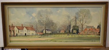 Jason Partner, signed and dated 79, pen, ink and watercolour, Norfolk village, 25 x 65cm