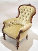 Victorian mahogany framed spoon back armchair with green Dralon upholstery with buttoned back and