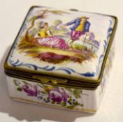 Late 18th century Continental enamelled box and cover with metal mounts, 5cm diam, together with a