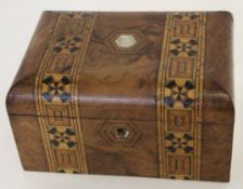Victorian walnut tea caddy with geometric inlaid banding with void interior, 25cm wide