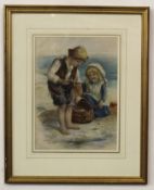 James Drummond, signed watercolour, Coastal scene with children with fishing net, 29 x 28cm