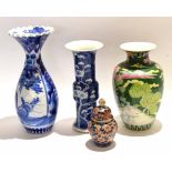 Group of Oriental porcelain items comprising a baluster vase with polychrome decoration and two blue