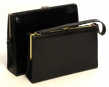 Unnamed black patent leather vintage handbag, overall size 23cm x 30cm and a further vintage black