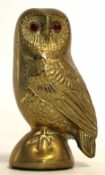 Late 20th century loaded brass model of a perched owl with coloured eyes, 15cm tall