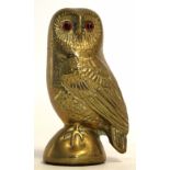 Late 20th century loaded brass model of a perched owl with coloured eyes, 15cm tall