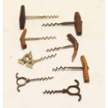 Packet: containing three horn-handled, two treen handled and three all metal corkscrews (8)