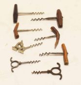 Packet: containing three horn-handled, two treen handled and three all metal corkscrews (8)