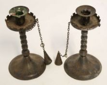 Pair of Hugo Berger Goberg Germany Arts & Crafts candlesticks with chained snuffers, hammered iron