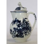 Lowestoft milk jug and cover decorated with a version of the fence pattern print, 14cm high