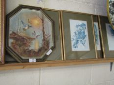 FOUR GILT FRAMED ORNITHOLOGICAL PRINTS TOGETHER WITH A FURTHER OIL ON BOARD OF MALLARD DUCKS