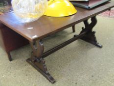 MID-20TH CENTURY OAK FRAMED REFECTORY TYPE TABLE WITH OPEN SHAPED PLANK ENDS