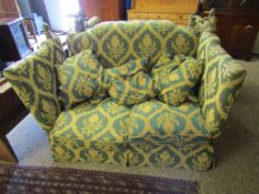 PAIR OF GREEN AND YELLOW THISTLE DECORATED KNOLE END SOFAS AND SCATTER CUSHIONS