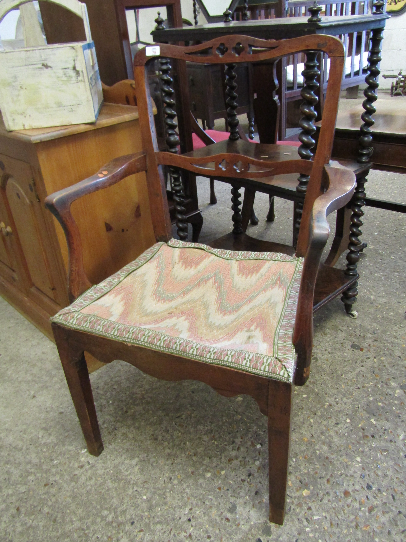 18TH CENTURY ELM ARMCHAIR WITH UPHOLSTERED SEAT AND TAPERING SQUARE LEGS