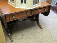 GOOD QUALITY MAHOGANY FORMED SOFA TABLE WITH TWO DROP FLAPS WITH TWO DRAWERS WITH BRASS BUTTON