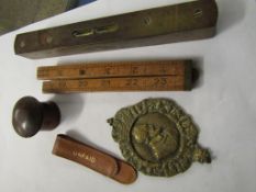 VINTAGE FOLDING RULE, SPIRIT LEVEL, BRASS COMMEMORATIVE PENDANT ETC