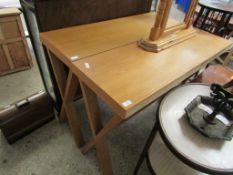 TWO MODERN OAK FRAMED HALL TABLES WITH X ENDS