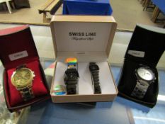 MIXED LOT: FOUR VARIOUS NEW/OLD STOCK WRIST WATCHES INCLUDING SWISS LINE AND LANDO, TOGETHER WITH