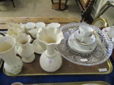 LARGE ETCHED GLASS DISH, PART TEA SET, BELLEEK VASES ETC