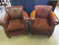 GOOD QUALITY PAIR OF BROWN LEATHER ARMCHAIRS WITH BROWN VELOUR UPHOLSTERED CUSHION AND TURNED