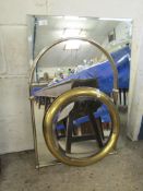 BRASS CIRCULAR WALL MIRROR TOGETHER WITH AN ARCHED TOP MIRROR AND A FRAMELESS MIRROR