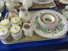 TRAY CONTAINING MIXED STORAGE JARS, MIXED POOLE WARES TO INCLUDE LARGE CHARGER ETC