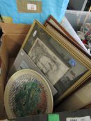 BOX SIX ASSORTED EAST ANGLIAN FRAMED AND GLAZED PRINTS + POOLE POTTERY NORFOLK FEDERATION OF WOMEN’S