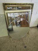 GROUP OF FOUR MIXED MIRRORS TO INCLUDE TWO FRAMELESS MIRRORS, GILT MIRROR AND A SILVERED FRAME