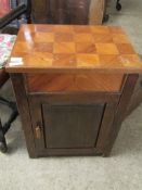 PARQUET TOPPED SIDE TABLE WITH SINGLE PANELLED CUPBOARD DOOR WITH BAKELITE HANDLE