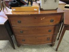 19TH CENTURY MAHOGANY BOW FRONTED THREE FULL WIDTH DRAWER CHEST WITH RINGLET HANDLES