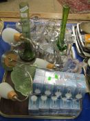 TRAY CONTAINING MIXED GLASS WARES, DECANTERS, GREEN SPILL VASES ETC