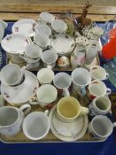 TWO TRAYS CONTAINING MIXED TEA WARES, ROSE DECORATED TEA WARES, JUGS, FISH ORNAMENTS ETC