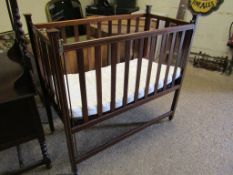 EDWARDIAN MAHOGANY FRAMED COT WITH DROP FRONT AND FITTED MATTRESS WITH INLAID DETAIL